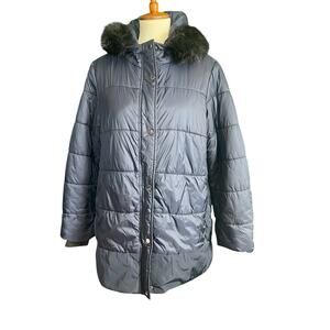 Isaac Mizrahi Live! Puffer Coat w/ Faux Fur Trim Hood Dark Navy Women Size M